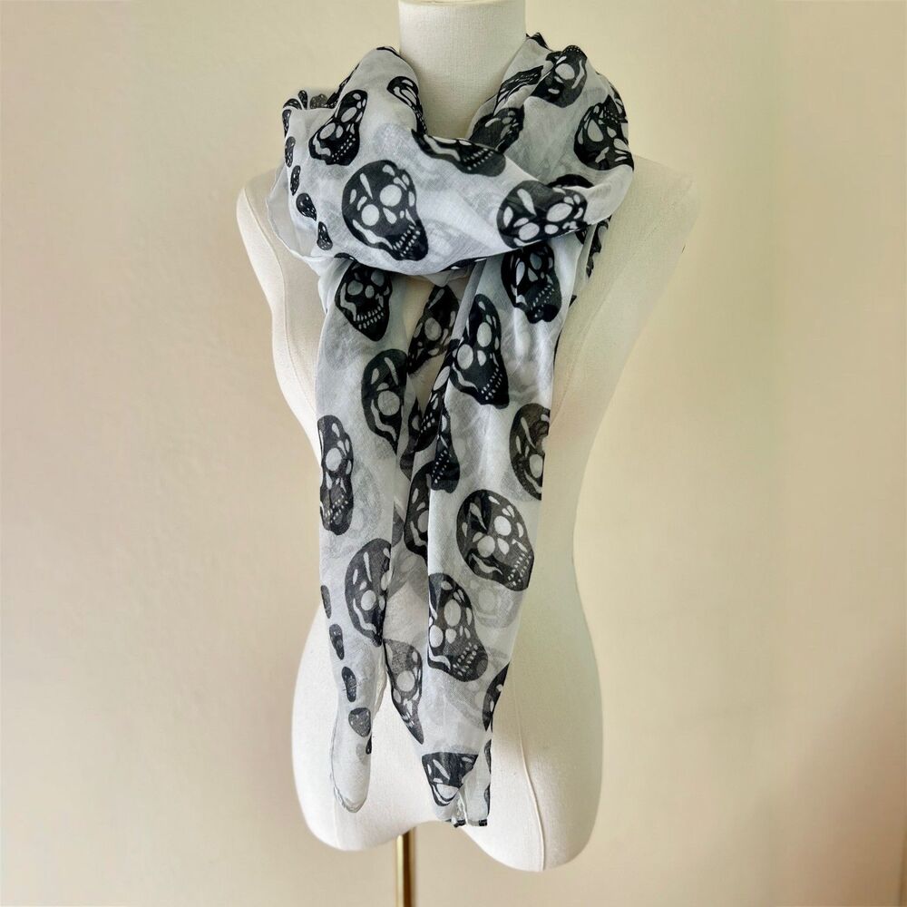 Gothic Skull Print Chiffon Lightweight Large Scarf 66"x42" *WITH FLAWS*